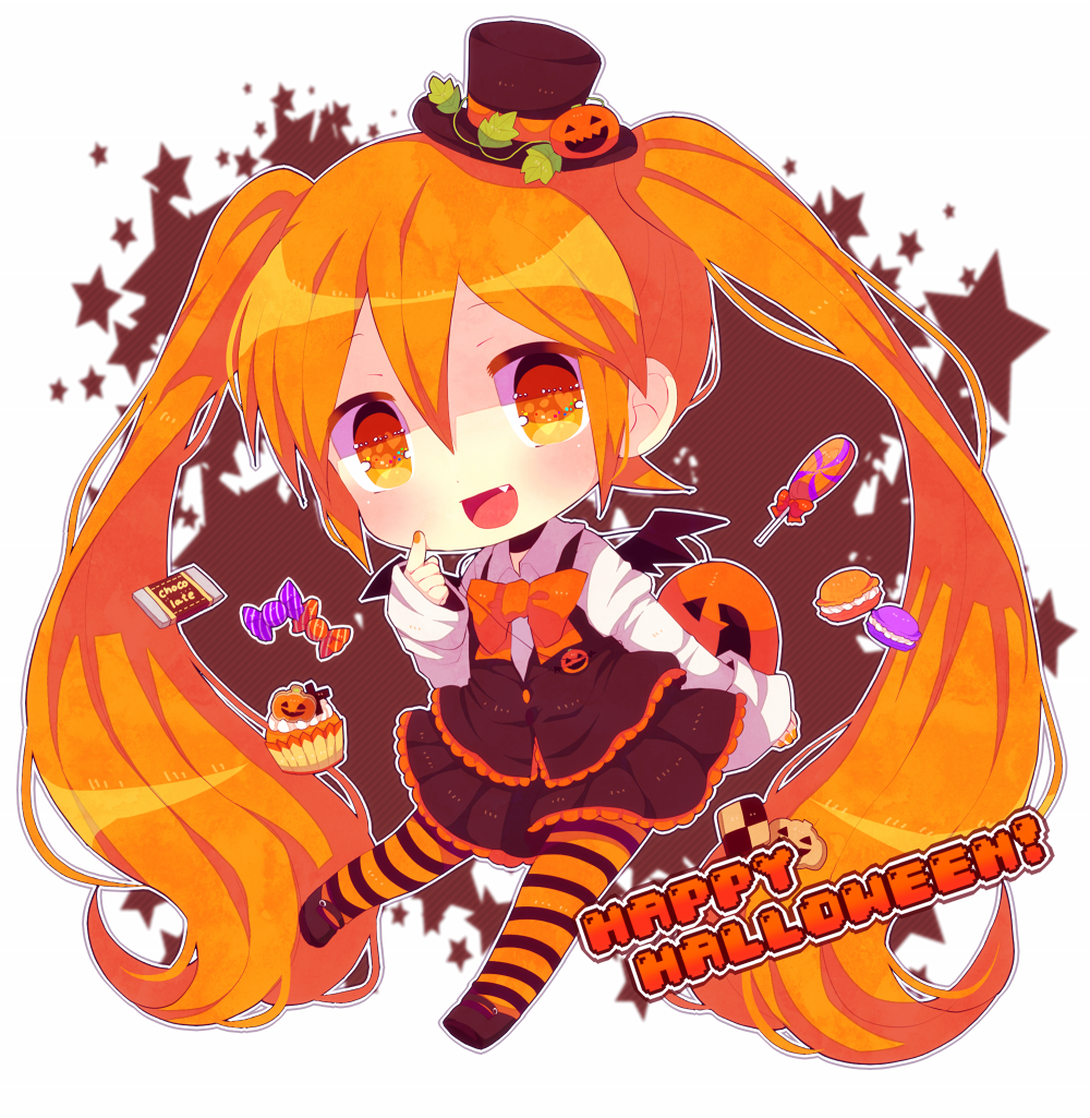 1girl, bat_wings, bowtie, candy, chibi, fang, halloween, haru431, hat, hatsune_miku, jack-o'-lantern, long_hair, macaron, mini_top_hat, open_mouth, orange_eyes, orange_hair, pantyhose, skirt, solo, striped, striped_legwear, top_hat, twintails, very_long_hair, vocaloid, wings