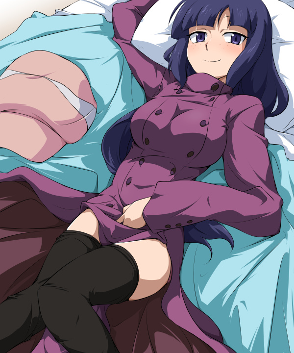 1girl, bed, bioroid_hei, black_legwear, blanket, blue_eyes, blue_hair, blush, freckles, gundam, gundam_build_fighters, hat, hat_removed, headwear_removed, kirara_(gundam_bf), knees_together_feet_apart, long_hair, looking_at_viewer, lying, on_back, overcoat, pillow, smile, solo, thighhighs