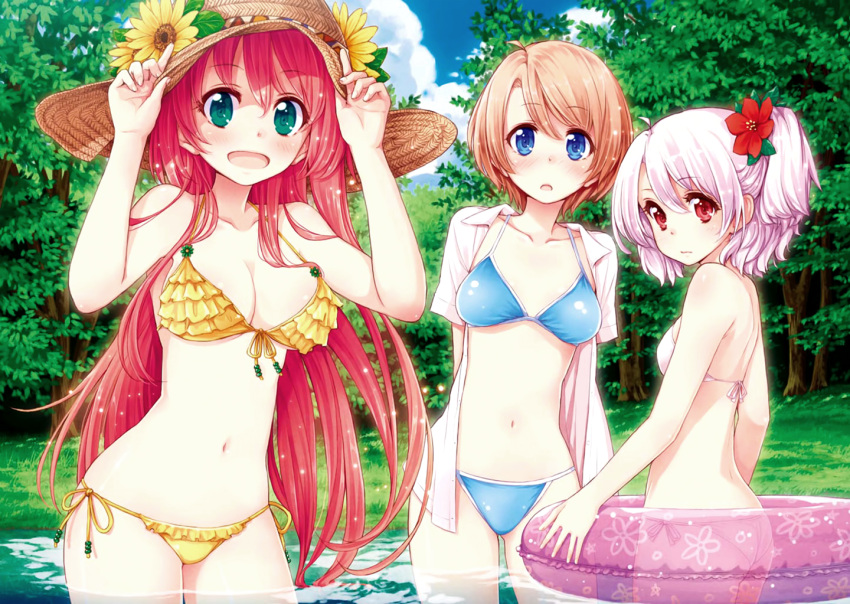 3girls, :d, ass, bikini, blonde_hair, blue_bikini, blue_eyes, blush