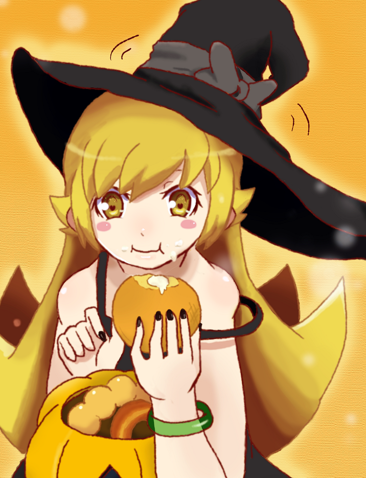 1girl, blonde_hair, blush_stickers, doughnut, eating, fang, food, food_on_face, fooring, halloween, hat, jack-o'-lantern, long_hair, monogatari_(series), oshino_shinobu, otorimonogatari, pumpkin, strap_slip, witch_hat, yellow_eyes