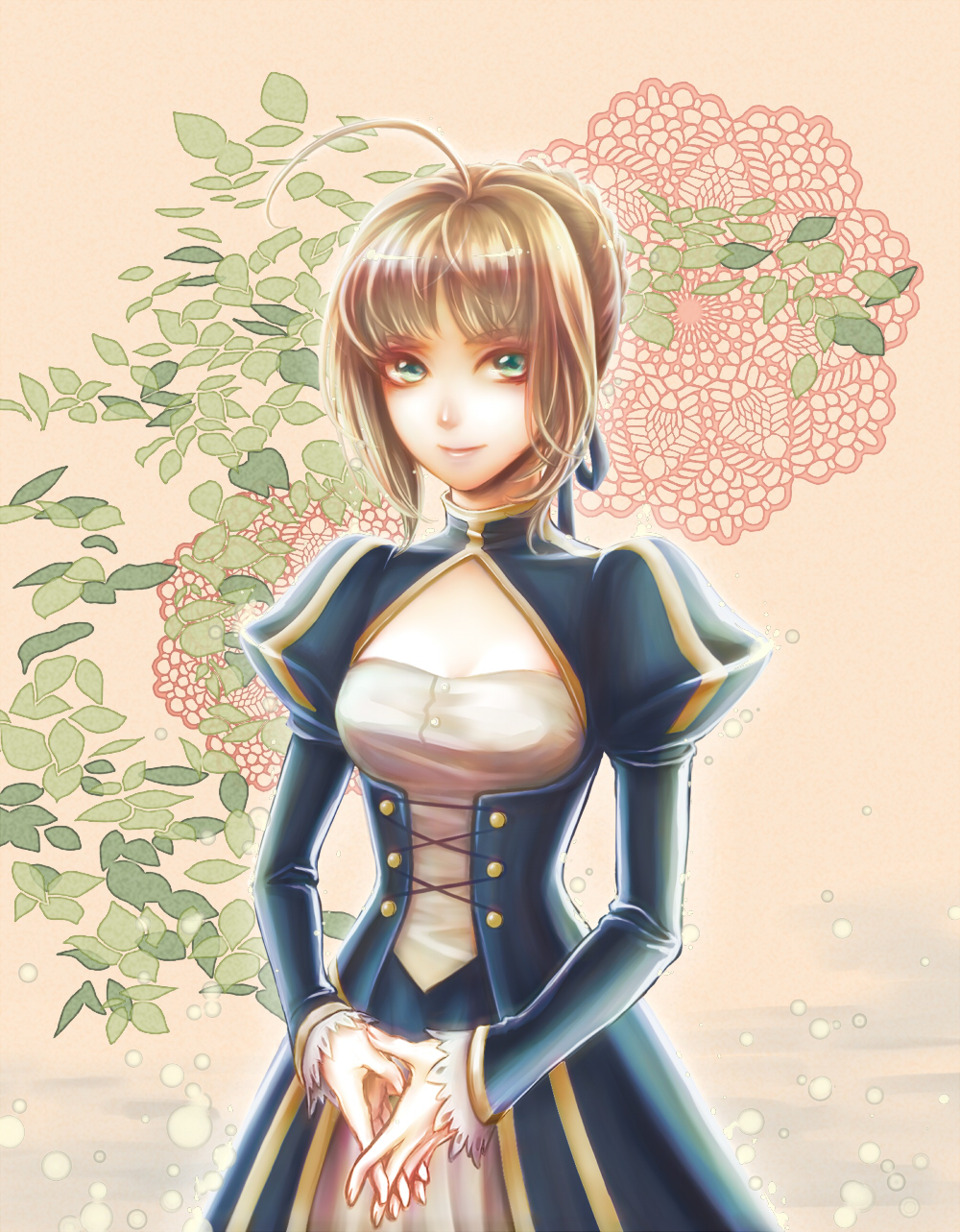 1girl, ahoge, blonde_hair, decoy00xx, dress, fate/stay_night, fate_(series), green_eyes, highres, juliet_sleeves, long_sleeves, puffy_sleeves, saber, solo