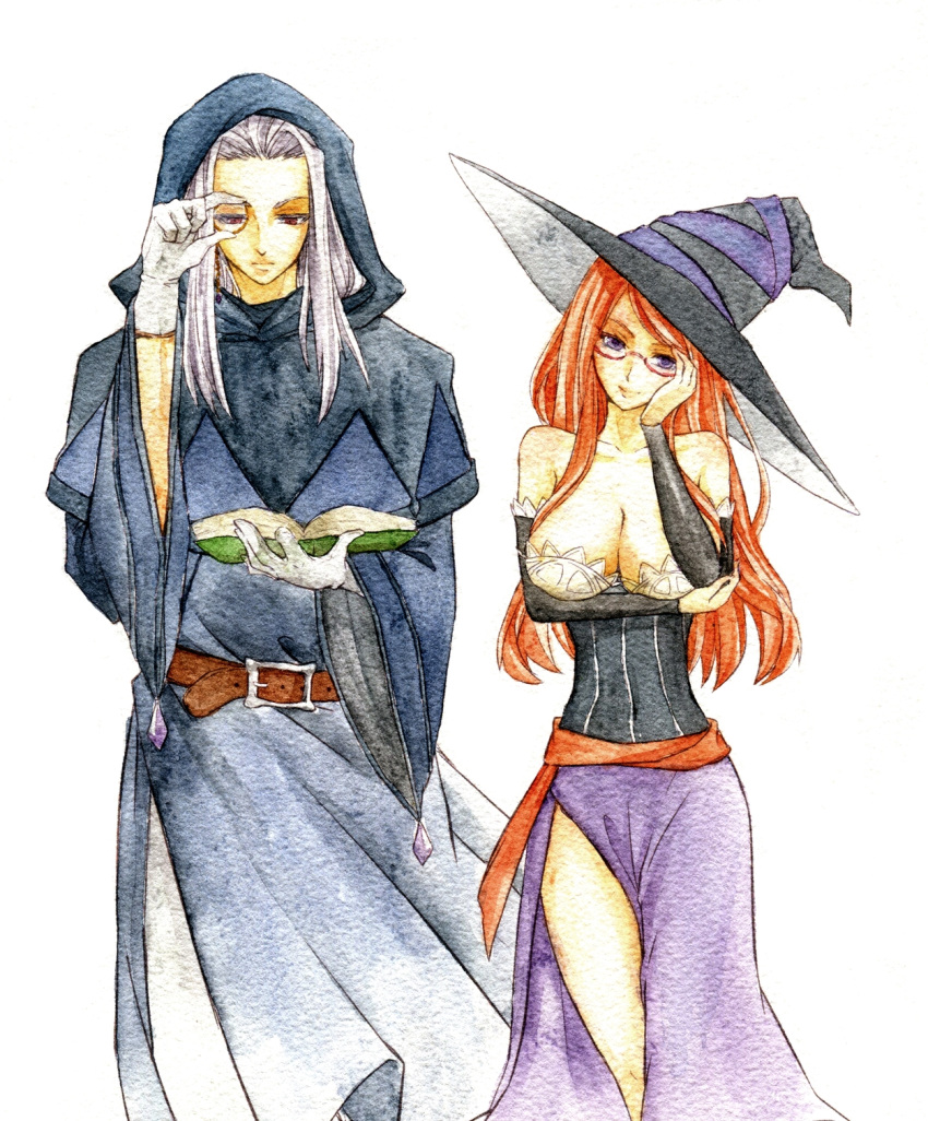 1boy, 1girl, blue_eyes, book, brown_hair, dragon's_crown, glasses, gloves