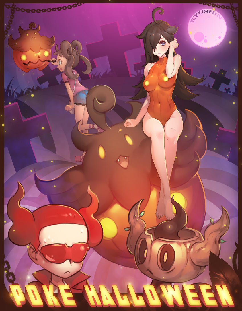 absurdres, bare_shoulders, black_hair, brown_hair, drawing, highres, moon, night
