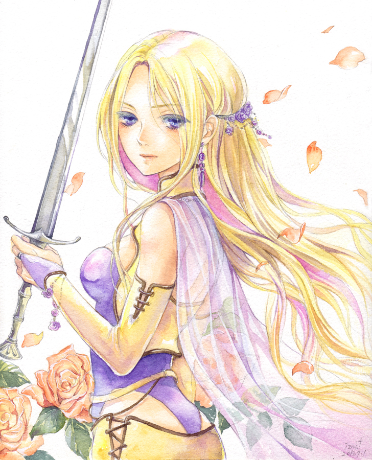 blonde_hair, bridal_gauntlets, cape, celes_chere, earrings, final_fantasy, final_fantasy_vi, flower, hair_ornament, jewelry, long_hair, petals, rose, sword, toyoda_izumi, traditional_media, violet_eyes, watercolor_(medium), weapon