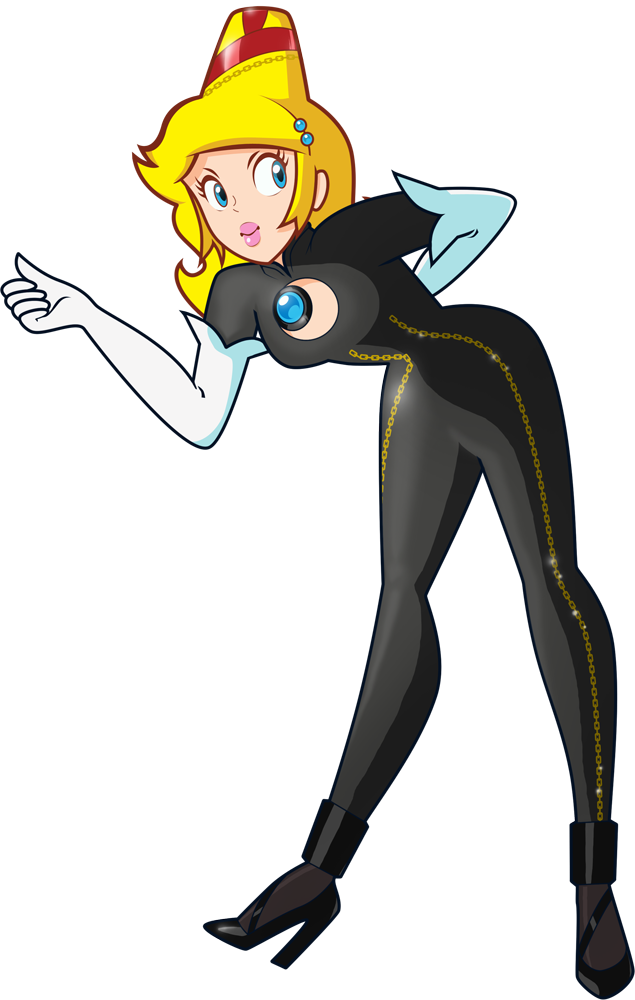 1girl, amulet, atomictiki, bayonetta, bayonetta_(character), bayonetta_(cosplay), beehive_hairdo, bent_over, blonde_hair, blue_eyes, bodysuit, cleavage_cutout, cosplay, elbow_gloves, gloves, hair_ornament, hair_ribbon, high_heels, lipstick, long_hair, makeup, princess_peach, ribbon, solo, super_mario_bros., transparent_background, white_gloves