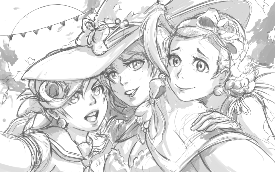 3girls, ahoge, alan_wansom, bliss_barson, breasts, capelet, cleavage, cryamore