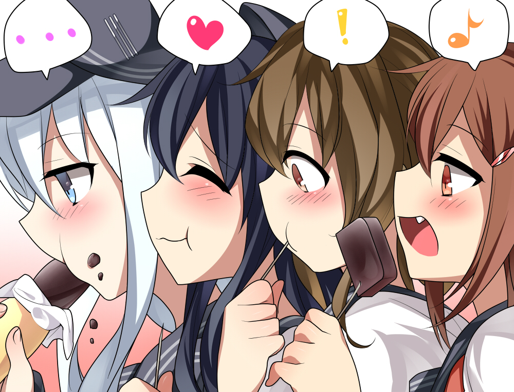 4girls, akatsuki_(kantai_collection), black_hair, blue_eyes, blue_hair, brown_eyes, brown_hair, eating, hat, heart, hibiki_(kantai_collection), ikazuchi_(kantai_collection), inazuma_(kantai_collection), kantai_collection, knbilove, multiple_girls, musical_note, neckerchief, personification, school_uniform, serafuku, silver_hair, spoken_exclamation_mark, spoken_heart, spoken_musical_note