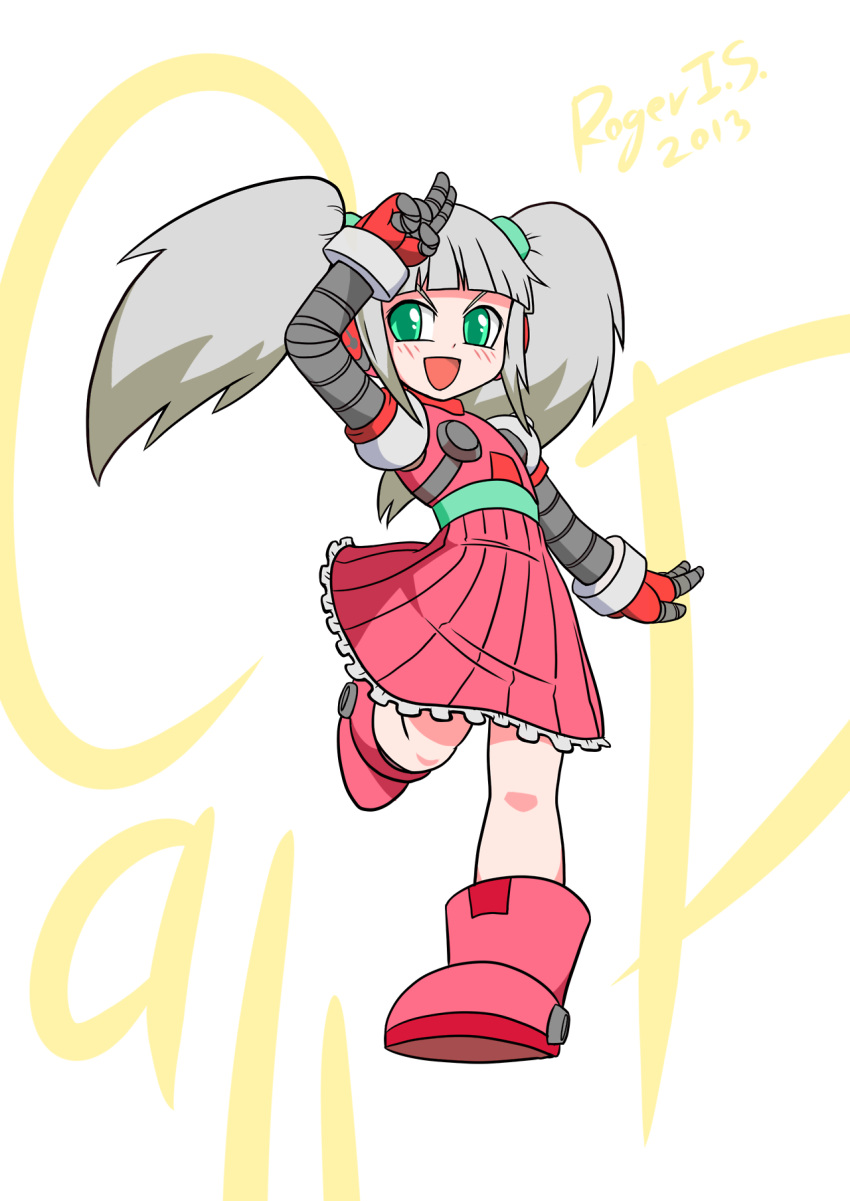 1girl, blush, boots, call_(inafune_keiji), call_(mighty_no._9), dress, green_eyes, headphones, highres, long_hair, mighty_no._9, robot_joints, roger_i.s., salute, silver_hair, smile, solo, twintails
