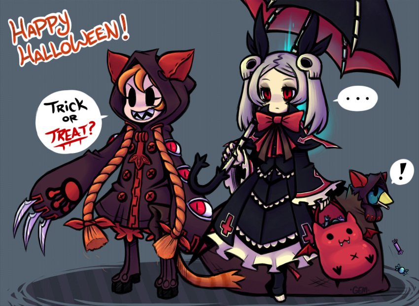 !, ..., 2girls, alternate_hair_length, alternate_hairstyle, animal_hood, avery_(skullgirls), bag, blazblue, bloody_marie_(skullgirls), braid, candy, cat_hood, claw_(weapon), cosplay, dress, expressionless, eyelashes, eyes, gias-ex-machella, gii, gloves, gothic_lolita, hair_ornament, hair_ribbon, halloween, halloween_costume, happy_halloween, hood, hoodie, lolita_fashion, long_hair, multiple_girls, no_eyes, pale_skin, paw_gloves, peacock_(skullgirls), rachel_alucard, rachel_alucard_(cosplay), red_eyes, ribbon, sack, sharp_teeth, silver_hair, skull_hair_ornament, skullgirls, taokaka, taokaka_(cosplay), trick_or_treat, twin_braids, twintails, umbrella