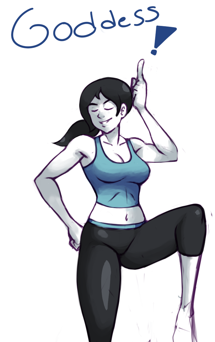 1girl, barefoot, black_hair, breasts, capri_pants, closed_eyes, long_hair, midriff, ponytail, shining_dazzler, solo, spandex, tank_top, trainer_(wii_fit), white_skin, wii_fit