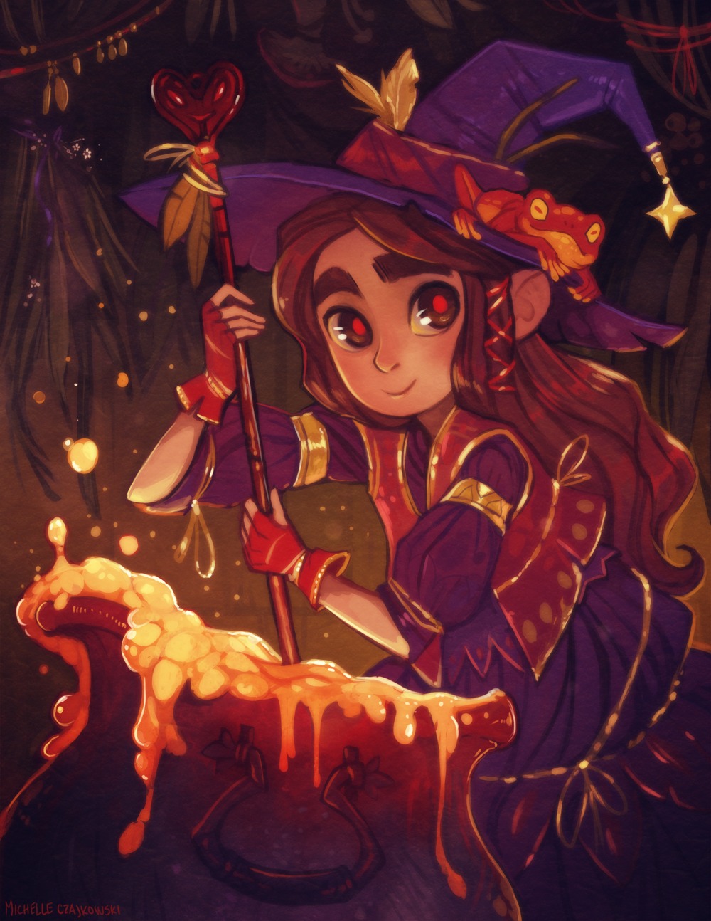 1girl, armlet, ava's_demon, brown_eyes, brown_hair, cauldron, dress, fingerless_gloves