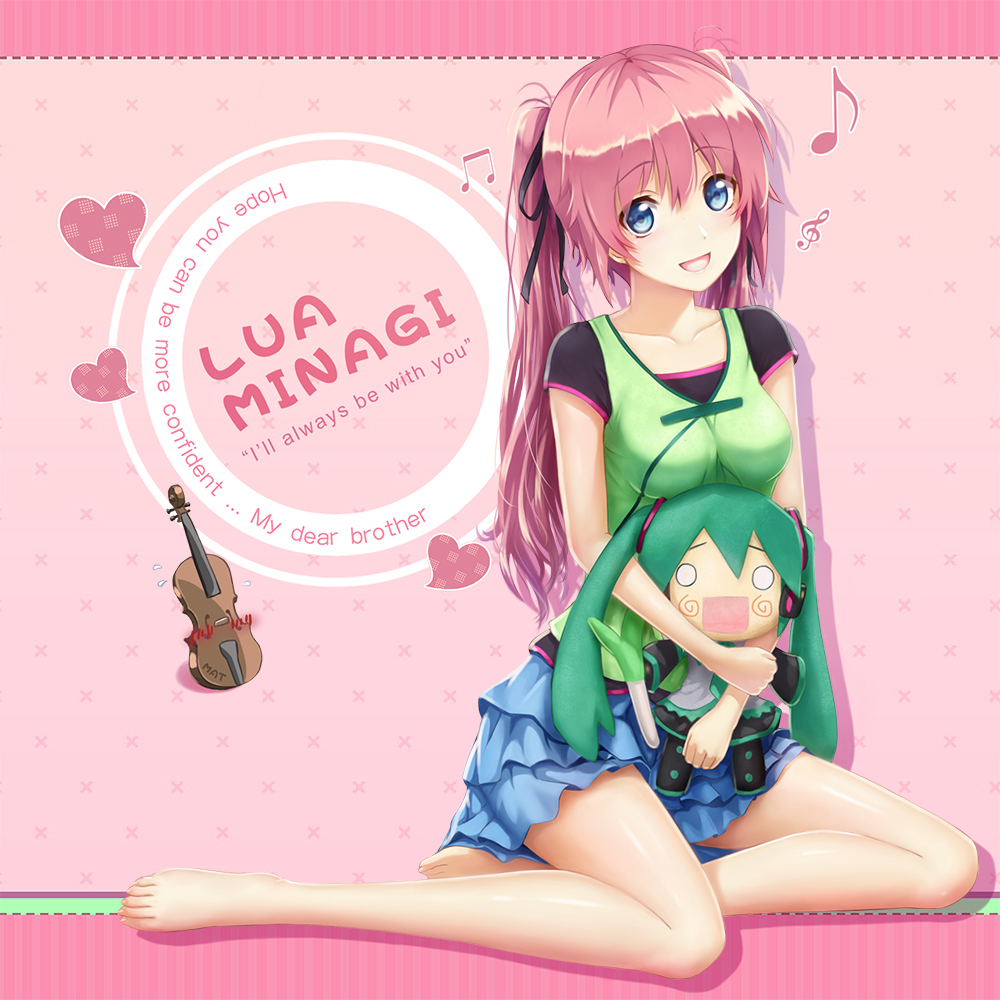 2girls, barefoot, blue_eyes, chibi, green_hair, hachune_miku, heart, instrument