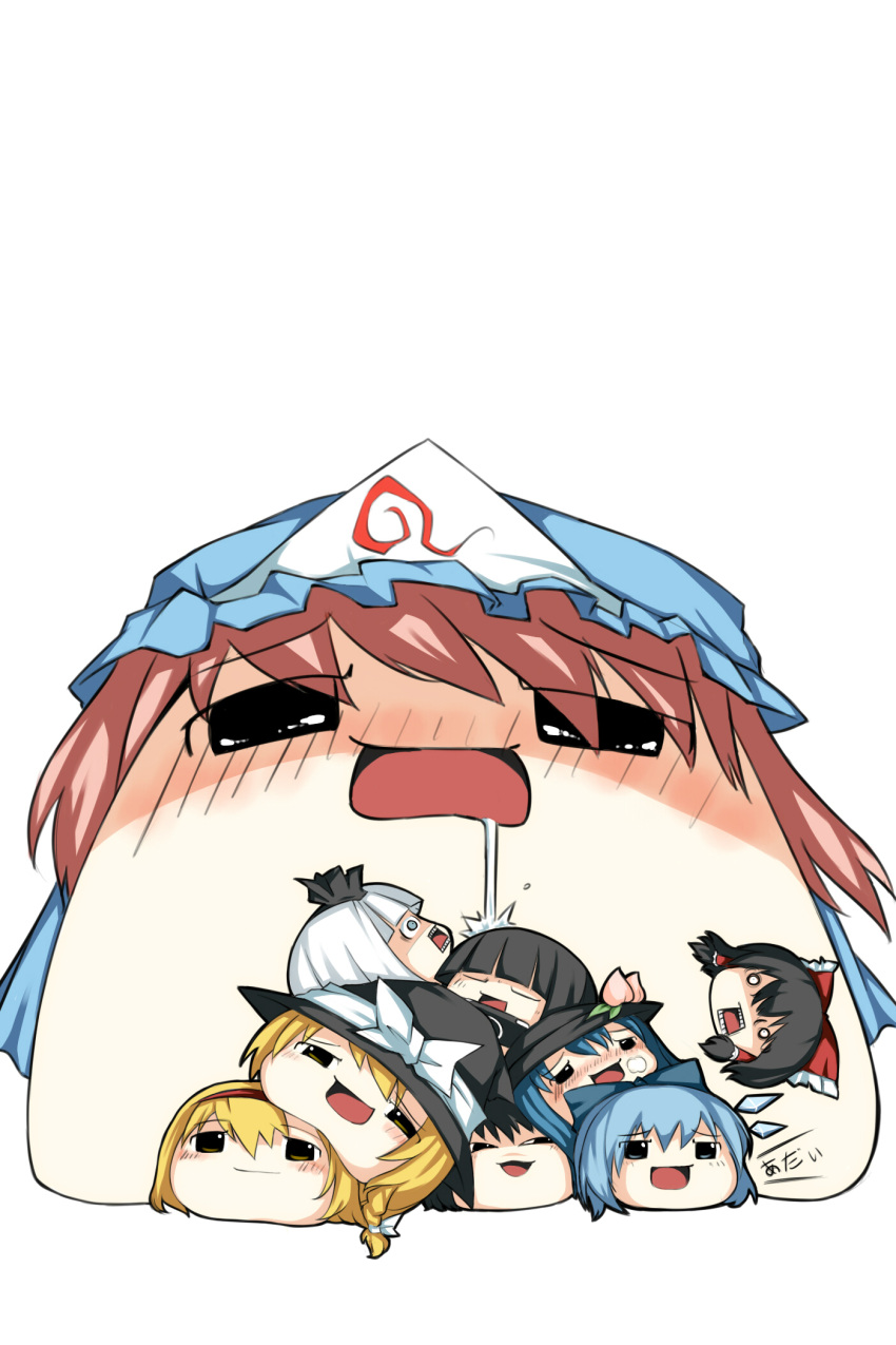 black_hair, blonde_hair, blue_hair, bow, cirno, hair_bow, hakurei_reimu, hat