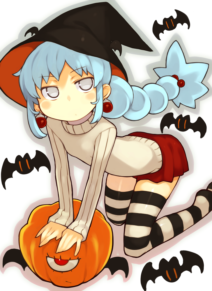 1girl, bachera, bat, blue_hair, blush, earrings, grey_eyes, halloween