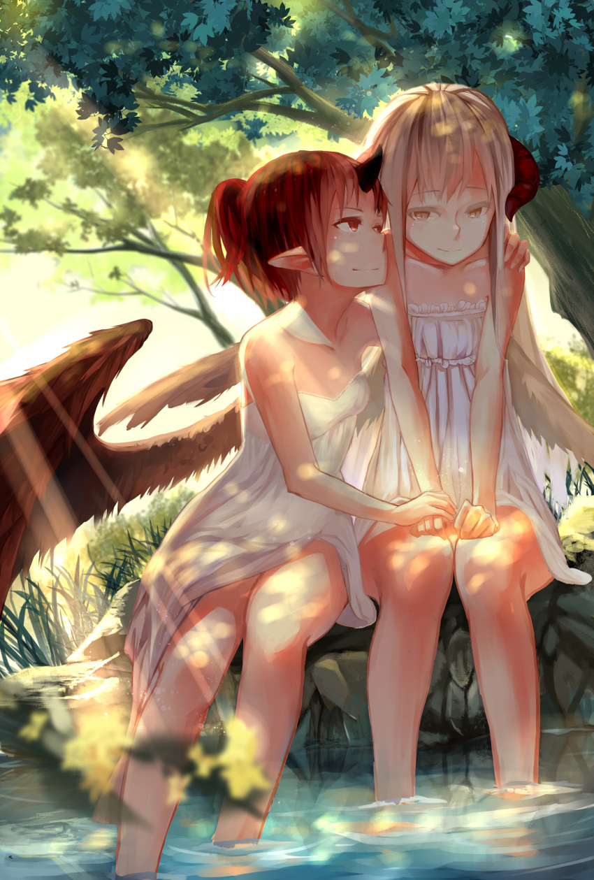2girls, absurdres, bare_shoulders, blonde_hair, demon_horns, forest, ghostas, highres