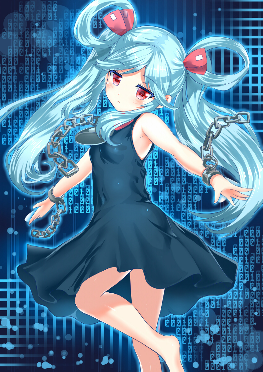 1girl, aqua_hair, arudehido, bare_arms, bare_shoulders, barefoot, beatmania, beatmania_iidx, bemani, black_dress, blush, chain, cyberspace, dress, hair_ribbon, hair_rings, highres, jubeat, long_hair, looking_at_viewer, maud, outstretched_arms, red_eyes, ribbon, shackle, sleeveless, sleeveless_dress, solo, turning, twintails, very_long_hair