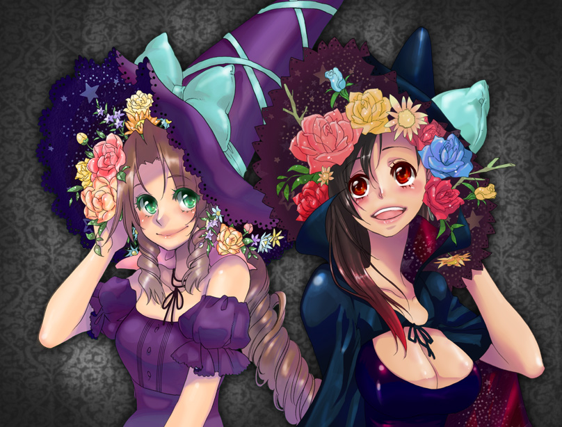 2girls, aerith_gainsborough, black_hair, breasts, brown_hair, cape, choker, cleavage, final_fantasy, final_fantasy_vii, flower, green_eyes, halloween, hat, multiple_girls, ponytail, red_eyes, tifa_lockhart, torimeiro, witch_hat