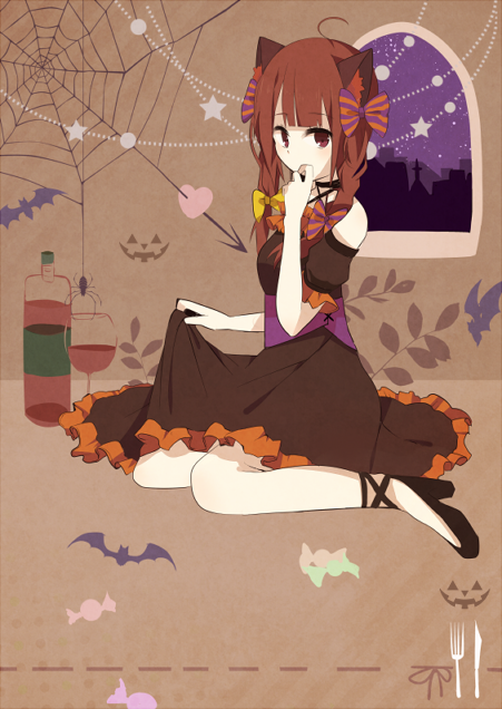 1girl, animal_ears, braid, cat_ears, hair_ribbon, halloween, kaenbyou_rin, long_hair