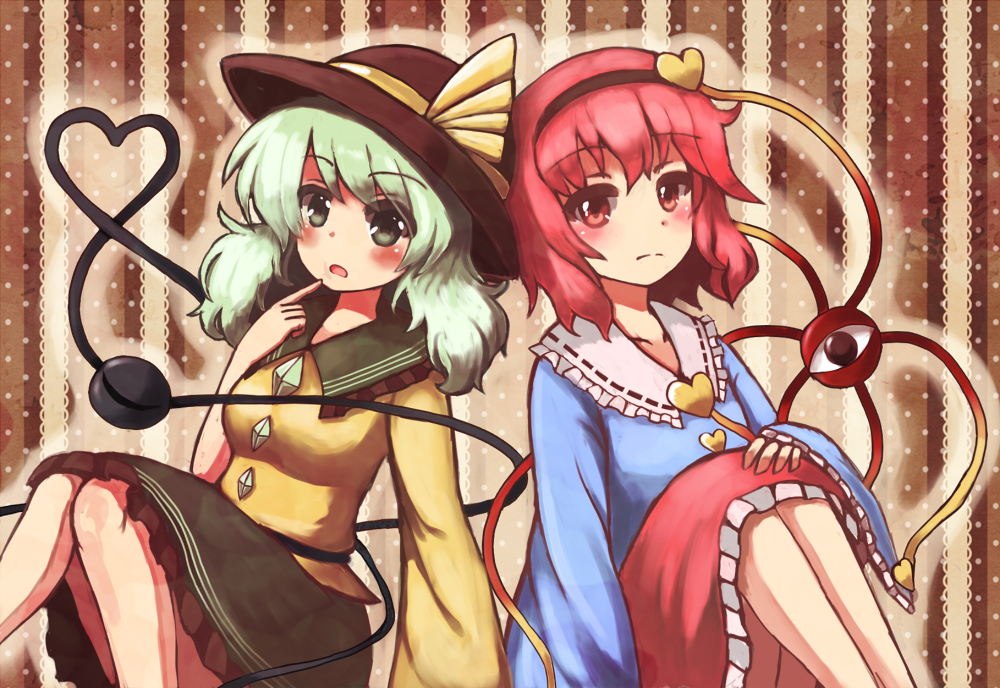 2girls, green_eyes, green_hair, hairband, hat, hat_ribbon, komeiji_koishi, komeiji_satori