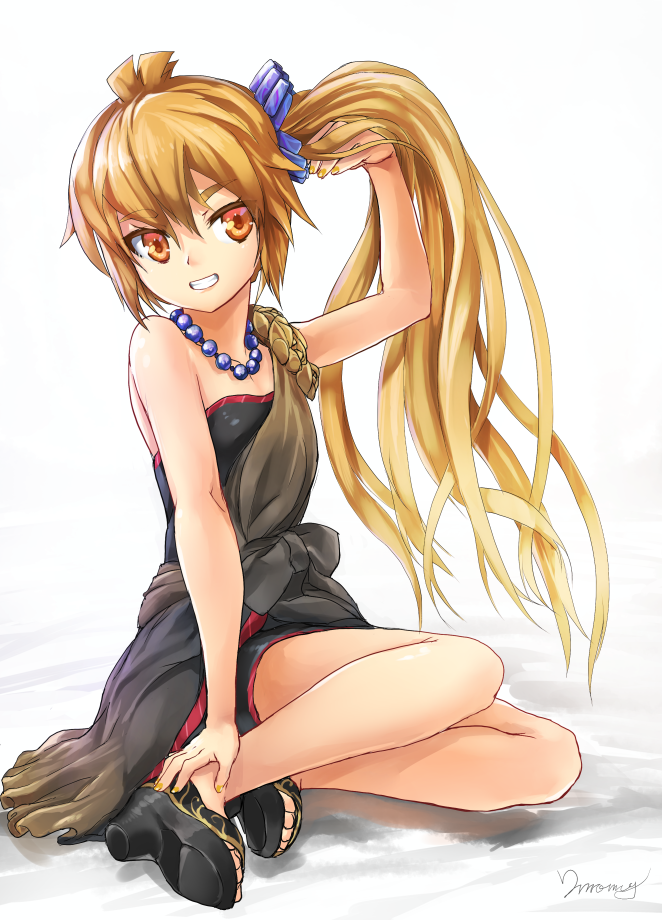 1girl, :d, akita_neru, blonde_hair, dress, hair_tussle, jewelry, long_hair