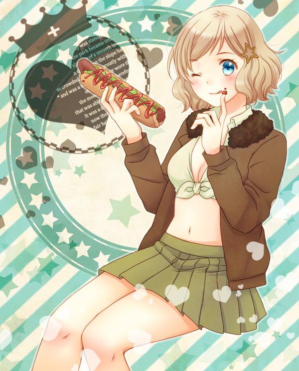 1girl, america_(hetalia), axis_powers_hetalia, blonde_hair, blue_eyes, blush, hair_ornament, hot_dog, jacket, ketchup, kourai_jinjin, midriff, navel, skirt, tied_shirt, tongue, tongue_out, wink