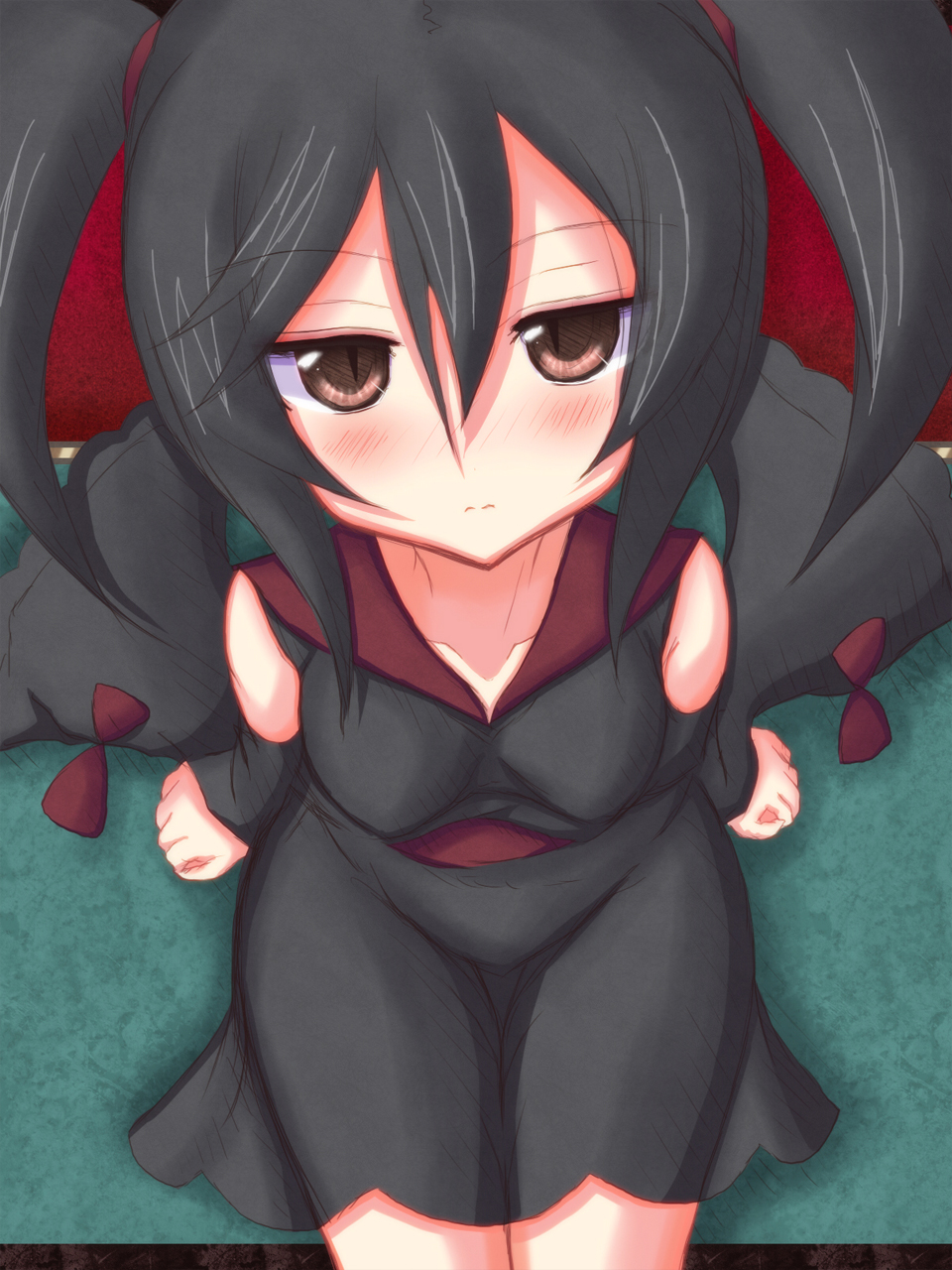 1girl, 3:, black_hair, blush, breasts, brown_eyes, detached_sleeves, from_above