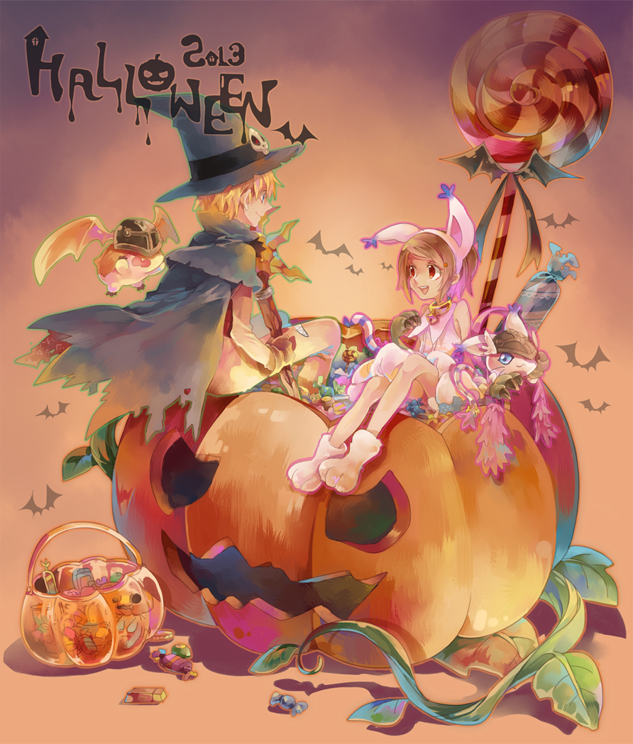 animal_ears, blonde_hair, blue_eyes, brown_eyes, brown_hair, candy, cat_ears, cat_tail