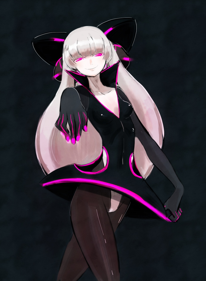 1girl, bodysuit, borrowed_character, breasts, collar, colored_eyelashes, crossed_legs_(standing), electro_alice