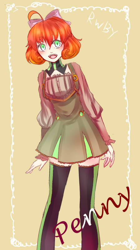 1girl, ahoge, bob_cut, bow, dress, green_eyes, hair_bow, orange_hair, penny_(rwby), rwby, thighhighs, zettai_ryouiki