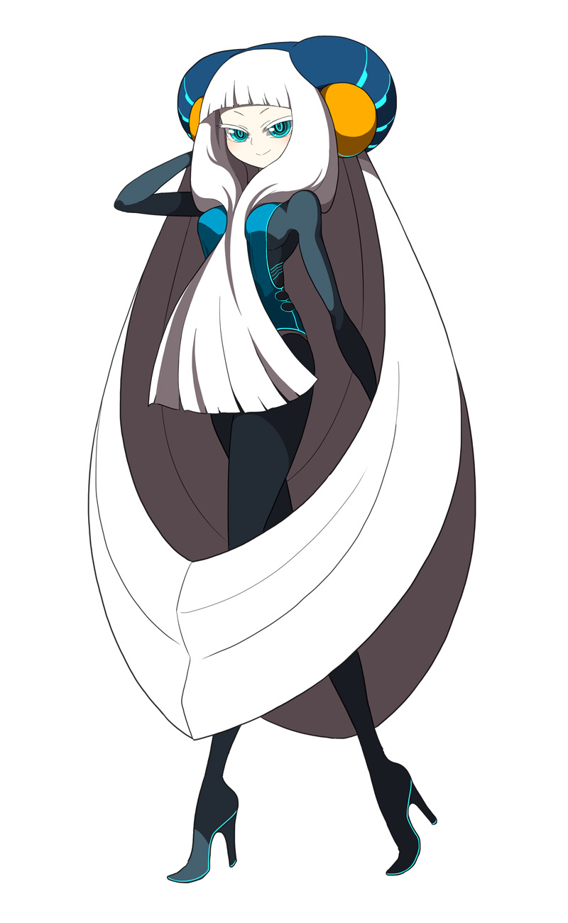 1girl, black_legwear, blue_eyes, bodysuit, breasts, colored_eyelashes, crossed_legs_(standing), electro_emilia