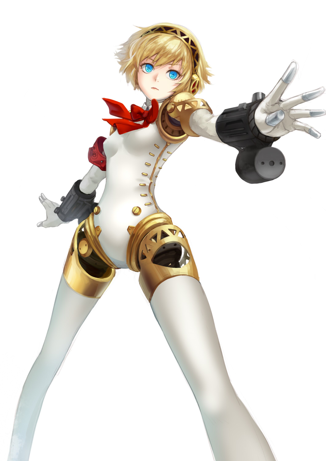 1girl, aegis, android, blonde_hair, blue_eyes, bow, headphones, highres, outstretched_arm, persona, persona_3, ribbon, robot_joints, short_hair, solo, tianna