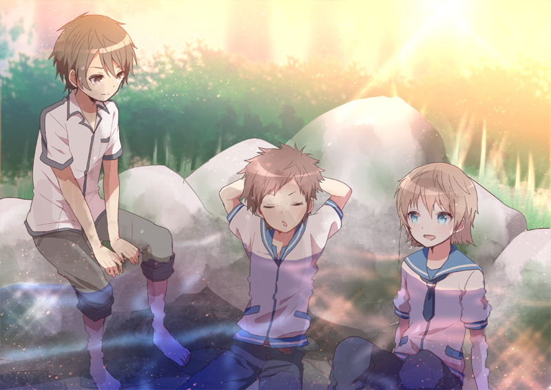 3boys, arms_behind_head, blue_eyes, brown_eyes, brown_hair, isaki_kaname, kihara_tsumugu, moyuchocolats