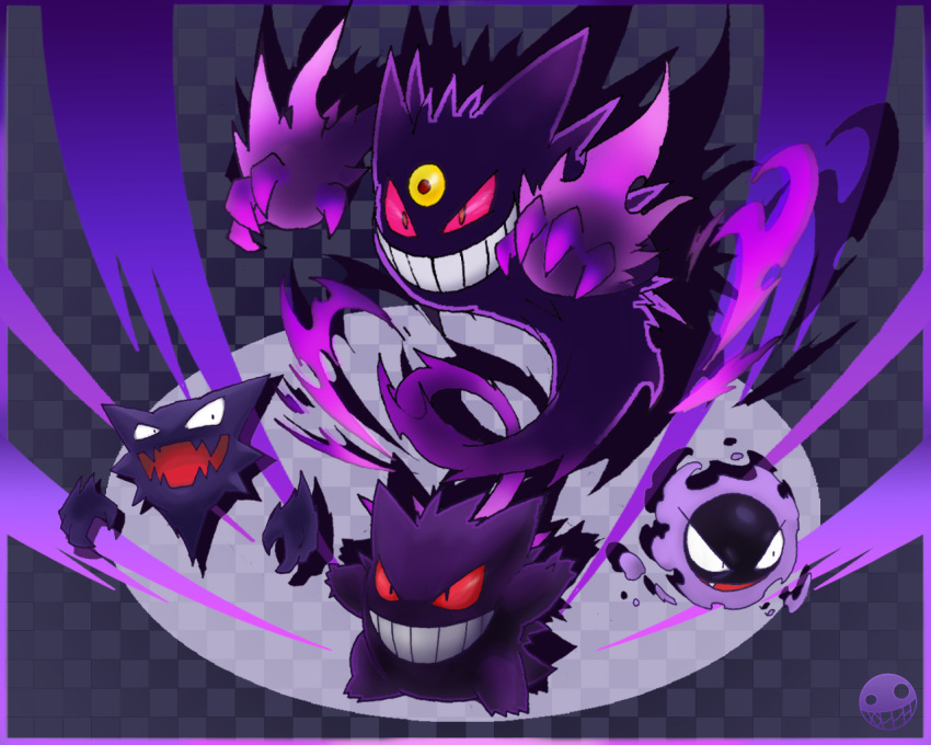 checkered, checkered_background, claws, fang, floating, gastly, gengar, ghost