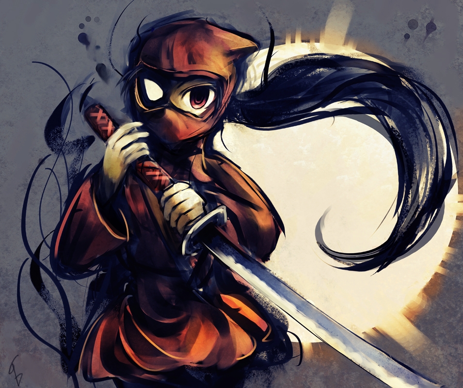 1girl, long_hair, looking_at_viewer, ninja, nintai_ryoko, ponytail, solo, super_house_of_dead_ninjas