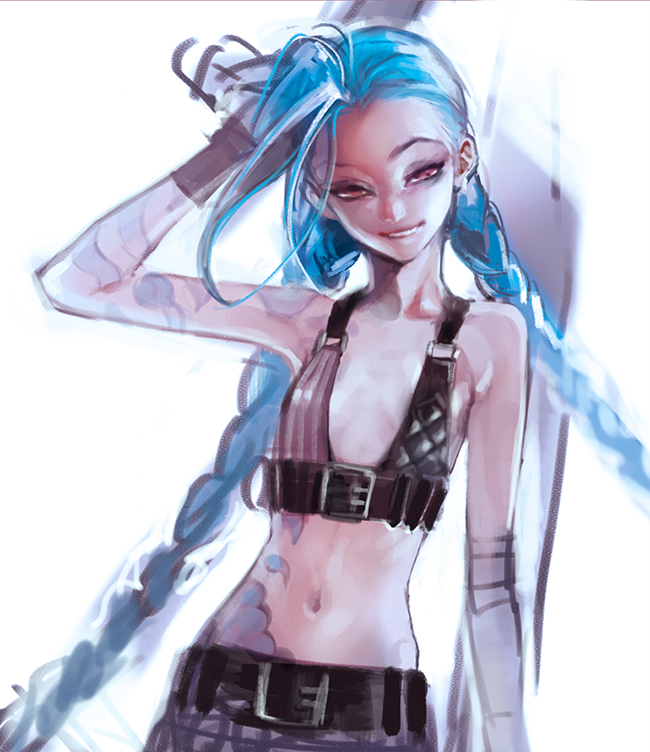 1girl, backlighting, bare_shoulders, bikini_top, biting, blue_hair, braid, gloves, jewelry, jinx_(league_of_legends), league_of_legends, lip_biting, long_hair, navel, orange_eyes, rough, smile, solo, tattoo, twin_braids, very_long_hair, weapon, white_background, yooani