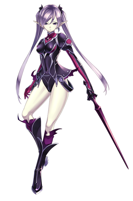 1girl, agarest_senki_(series), agarest_senki_2, boots, clothed_navel, expressionless, gloves, hirano_katsuyuki, juliet_sleeves, knee_boots, leotard, long_hair, long_sleeves, mervina_(agarest_senki), official_art, pale_skin, pointy_ears, puffy_sleeves, purple_hair, solo, sword, twintails, violet_eyes, weapon, white_background