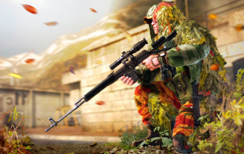 binoculars, boots, camouflage, dragunov_svd, ghillie_suit, gun, highres, magazine_(weapon)