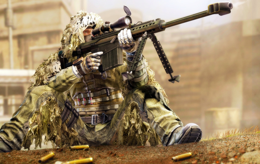 aiming, anti-materiel_rifle, barrett_m82, bipod, camouflage, ghillie_suit, gun, highres