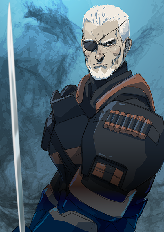 1boy, armor, batman:_arkham_origins, batman_(series), beard, blue_eyes, dc_comics, deathstroke, eyepatch, facial_hair, gb_(doubleleaf), slade_wilson, sword, weapon, white_hair