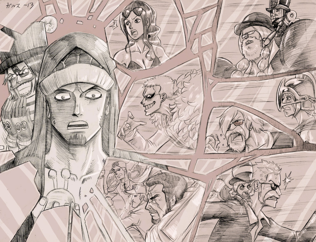 3girls, 6+boys, beard, bowler_hat, breasts, caesar_clown, cleavage, coat, cyborg, den_den_mushi, donquixote_doflamingo, epaulettes, facial_hair, formal, franky, garththedestroyer, gladiator, gloves, grin, hair_over_one_eye, hat, helmet, hood, issho_(fujitora), long_hair, minigirl, monochrome, multi-tied_hair, multiple_boys, multiple_girls, multiple_monochrome, mustache, nico_robin, one_piece, ponytail, rebecca_(one_piece), roronoa_zoro, rough, sanji, scar, short_hair, size_difference, smile, suit, sunglasses, sunglasses_on_head, sweat, tail, tears, thunder_soldier, toy_soldier, trafalgar_law, twintails, wicca, winding_key