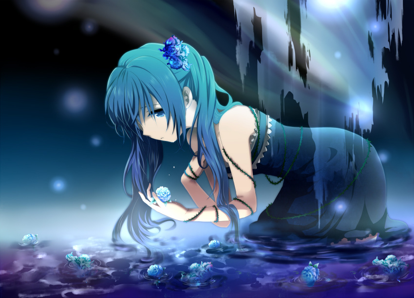 1girl, aqua_eyes, aqua_hair, bent_over, blue_rose, dress, flower, hair_flower