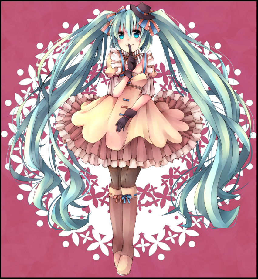 1girl, aqua_eyes, aqua_hair, boots, ennui_heiwa_miku, finger_to_mouth, gloves, hair_ribbon