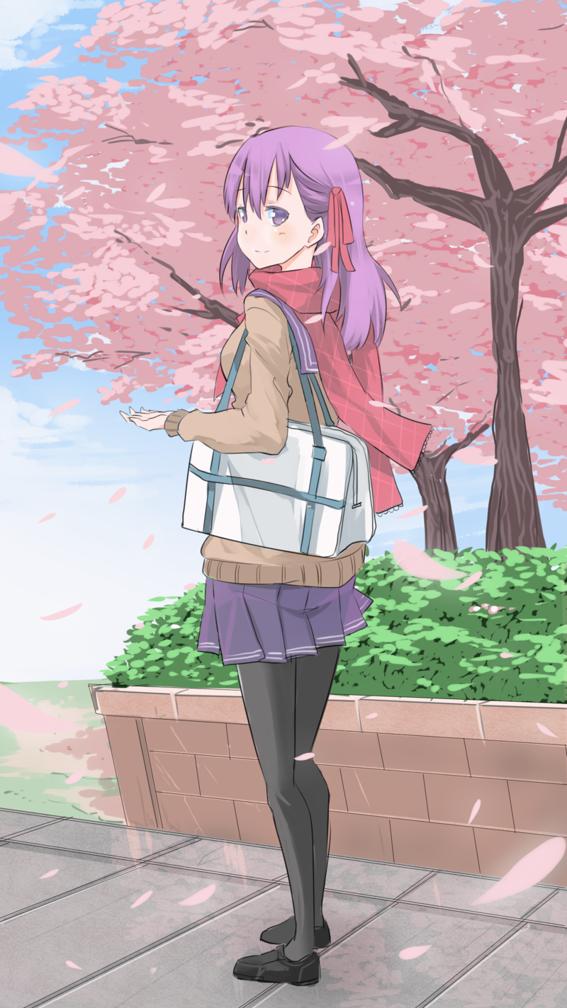 1girl, akihikohex, back, black_legwear, blush, cherry_blossoms, fate/stay_night, fate_(series)