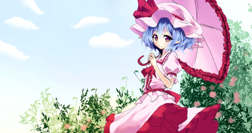 ascot, blouse, blue_hair, bow, bush, buttons, clouds, collared_shirt