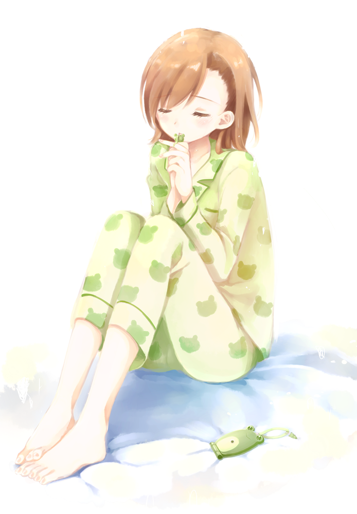 1girl, aidumi, brown_hair, cellphone, closed_eyes, gekota, misaka_mikoto, pajamas, phone, short_hair, solo, to_aru_kagaku_no_railgun, to_aru_majutsu_no_index