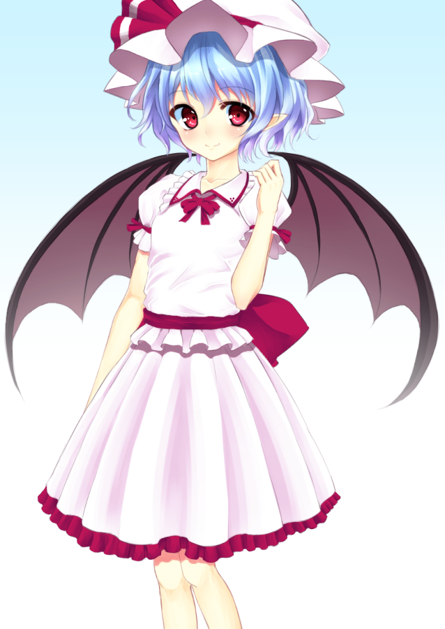 bat_wings, blouse, blue_hair, bow, collared_shirt, dress, frilled_dress, frilled_shirt