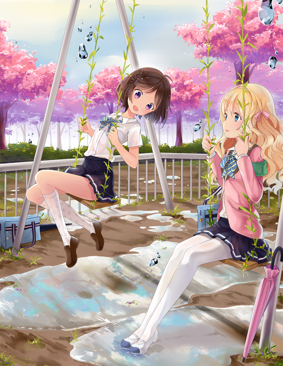 2girls, blonde_hair, blue_eyes, brown_eyes, brown_hair, hitsukuya, long_hair, multiple_girls