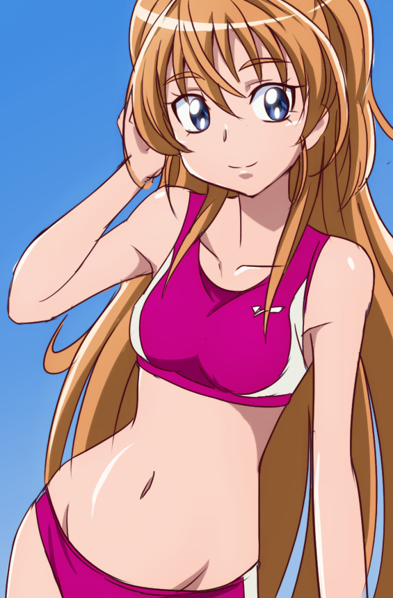 1girl, bikini, blue_eyes, houjou_hibiki, long_hair, manji_(tenketsu), navel, orange_hair