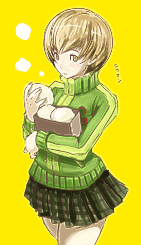 brown_eyes, brown_hair, eroquis, food, jacket, miniskirt, persona, persona_4