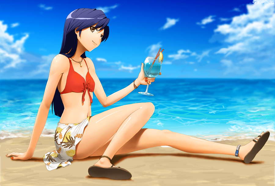 beach, bikini, blue_hair, blush, brown_eyes, flat_chest, hino_hikaru, idolmaster
